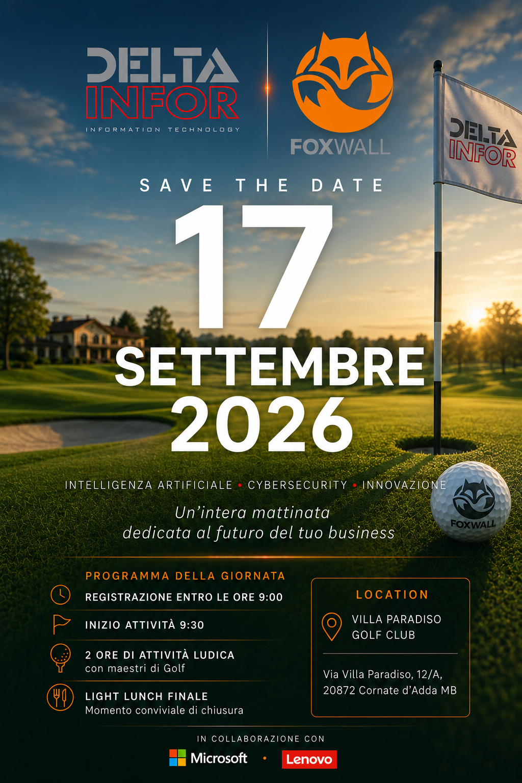 Locandina evento Delta Infor e Foxwall - 17 Settembre 2026, Villa Paradiso Golf Club