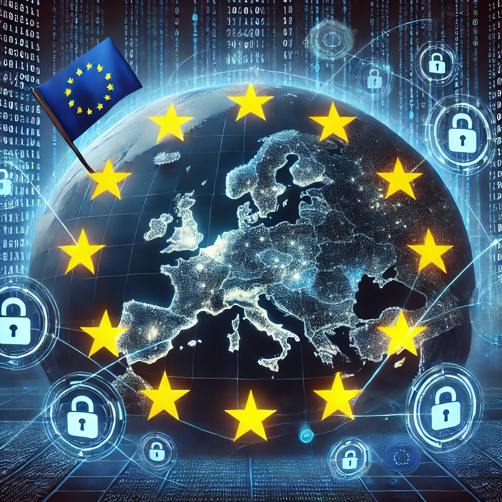 Iniziativa UE contro le minacce informatiche globali con mappa dell'Europa e icone di cybersicurezza.