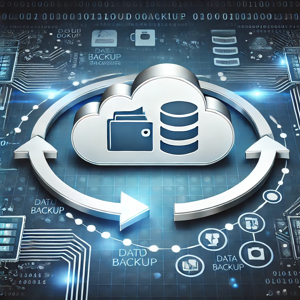 Backup cloud sicuro con icona di nuvola e frecce circolari, simbolo di sincronizzazione e archiviazione dati, con cartelle e documenti digitali, su sfondo tecnologico con circuiti e codice binario