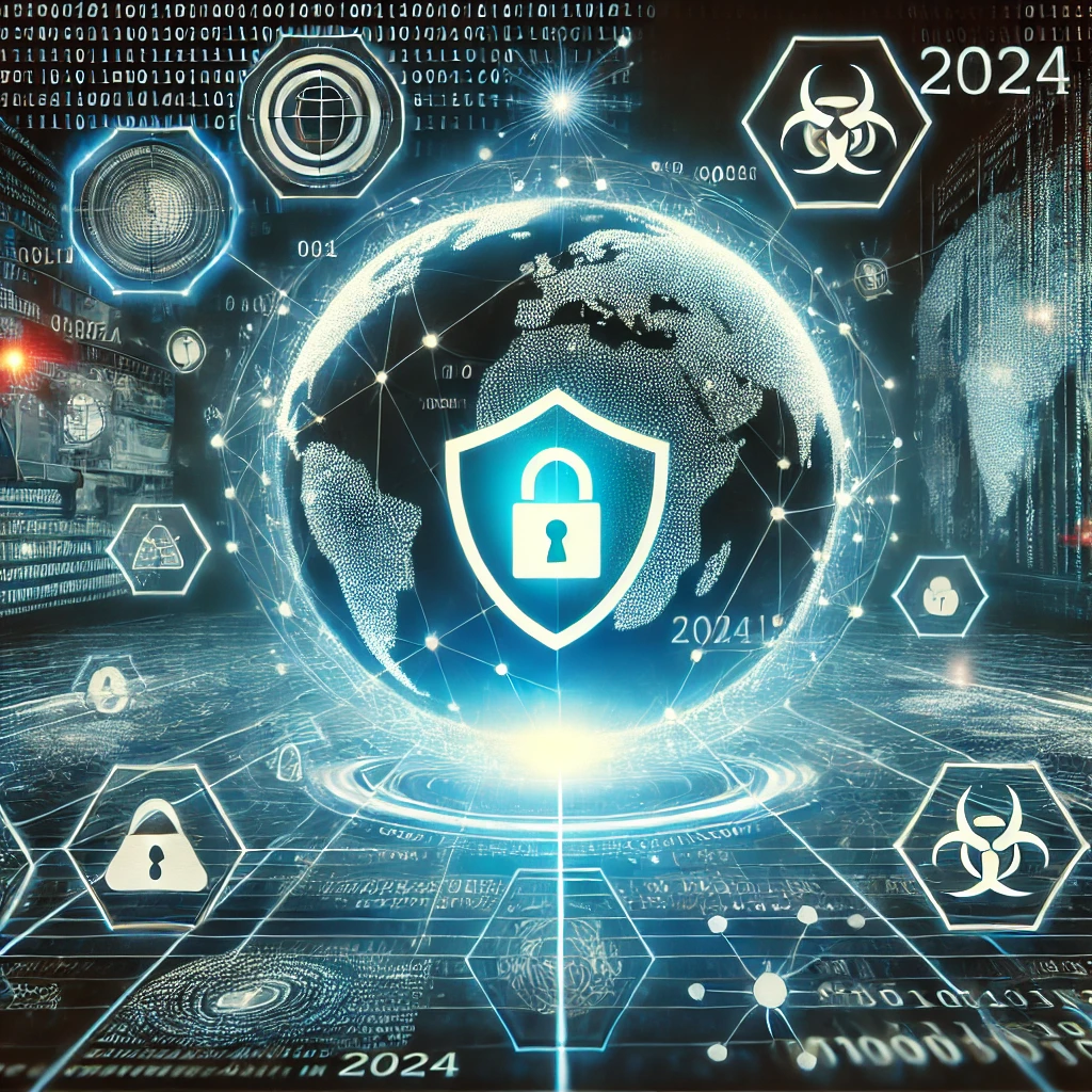 "Illustrazione futuristica sulla cybersecurity 2024 con uno scudo luminoso, flussi di dati digitali, una griglia tecnologica e un globo che rappresenta la connettività globale