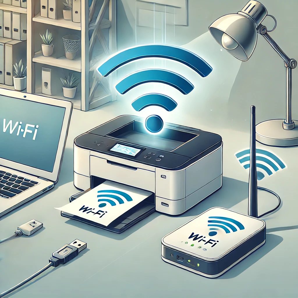 Illustrazione che mostra una stampante USB laser connessa a un router Wi-Fi tramite un cavo USB, indicando la trasformazione in una stampante wireless in un ambiente d'ufficio pulito e moderno