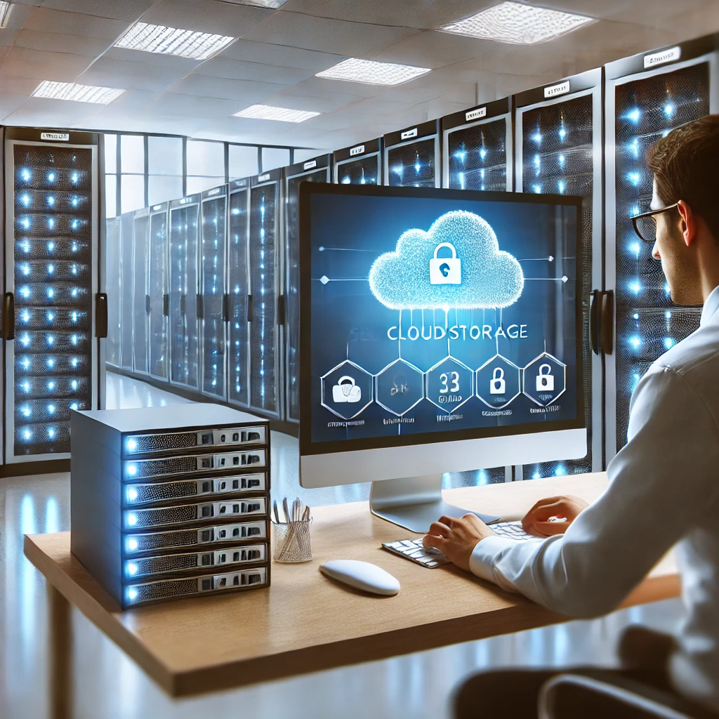 IT professional gestisce un sistema di cloud storage sicuro in un ambiente ospedaliero. La scena mostra un ufficio moderno con un computer acceso su una dashboard di archiviazione cloud e un server rack illuminato sullo sfondo, simbolo di sicurezza e protezione dei dati sanitari.