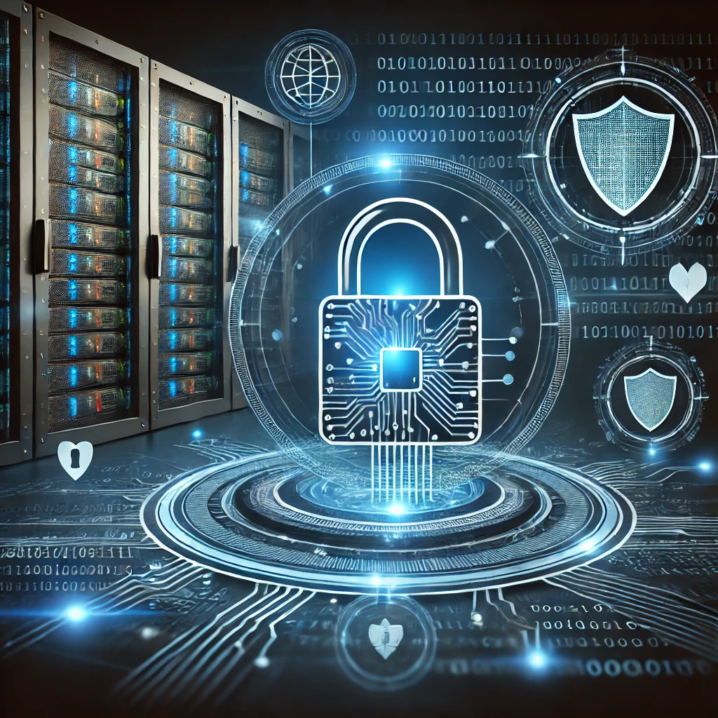 Illustrazione concettuale di cybersecurity con un lucchetto digitale circondato da circuiti luminosi, codice binario e icone di protezione dati, su sfondo futuristico di un server room